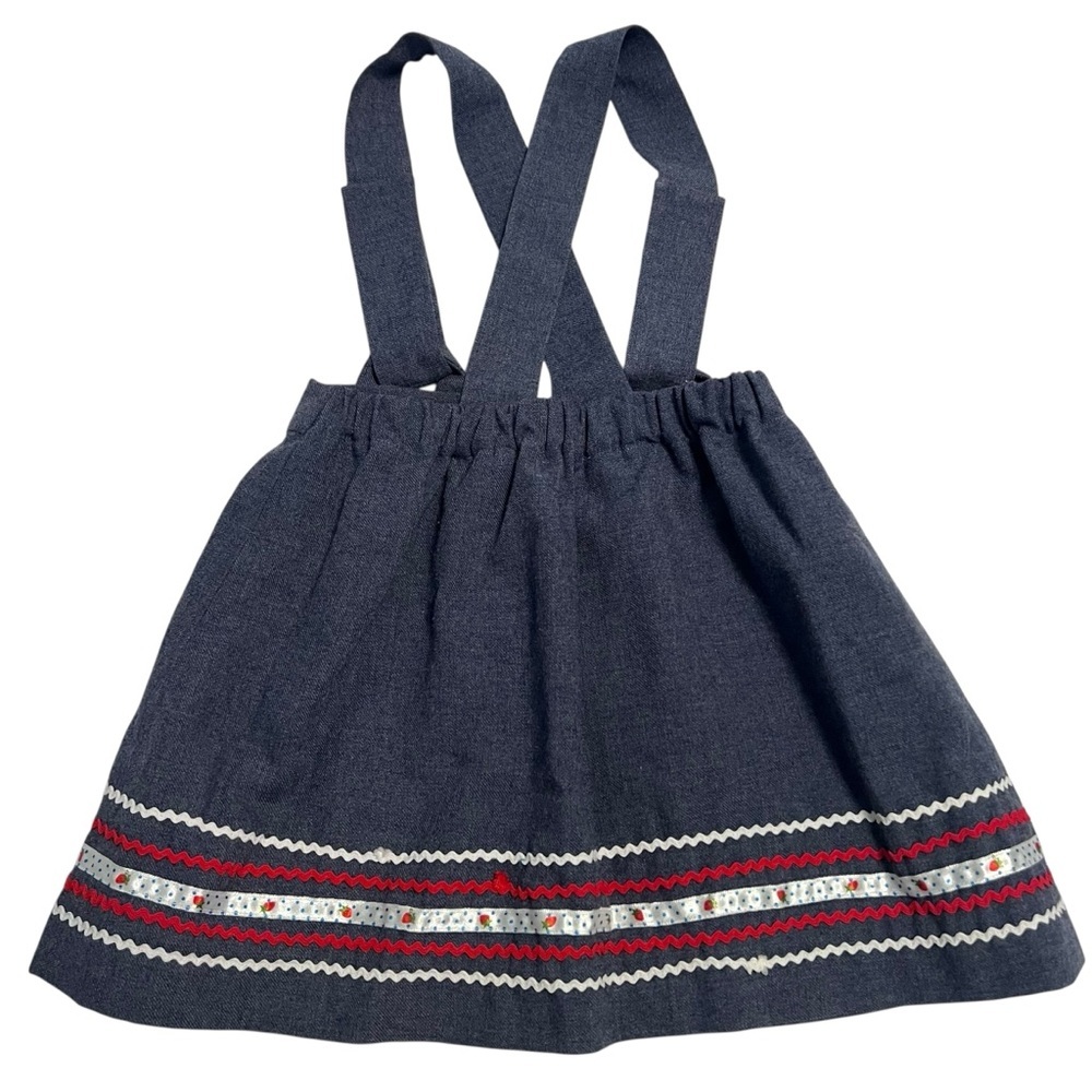 Vintage Girls Denim Suspender Skirt Strawberry Trim Heart Buttons - Picture 2 of 5